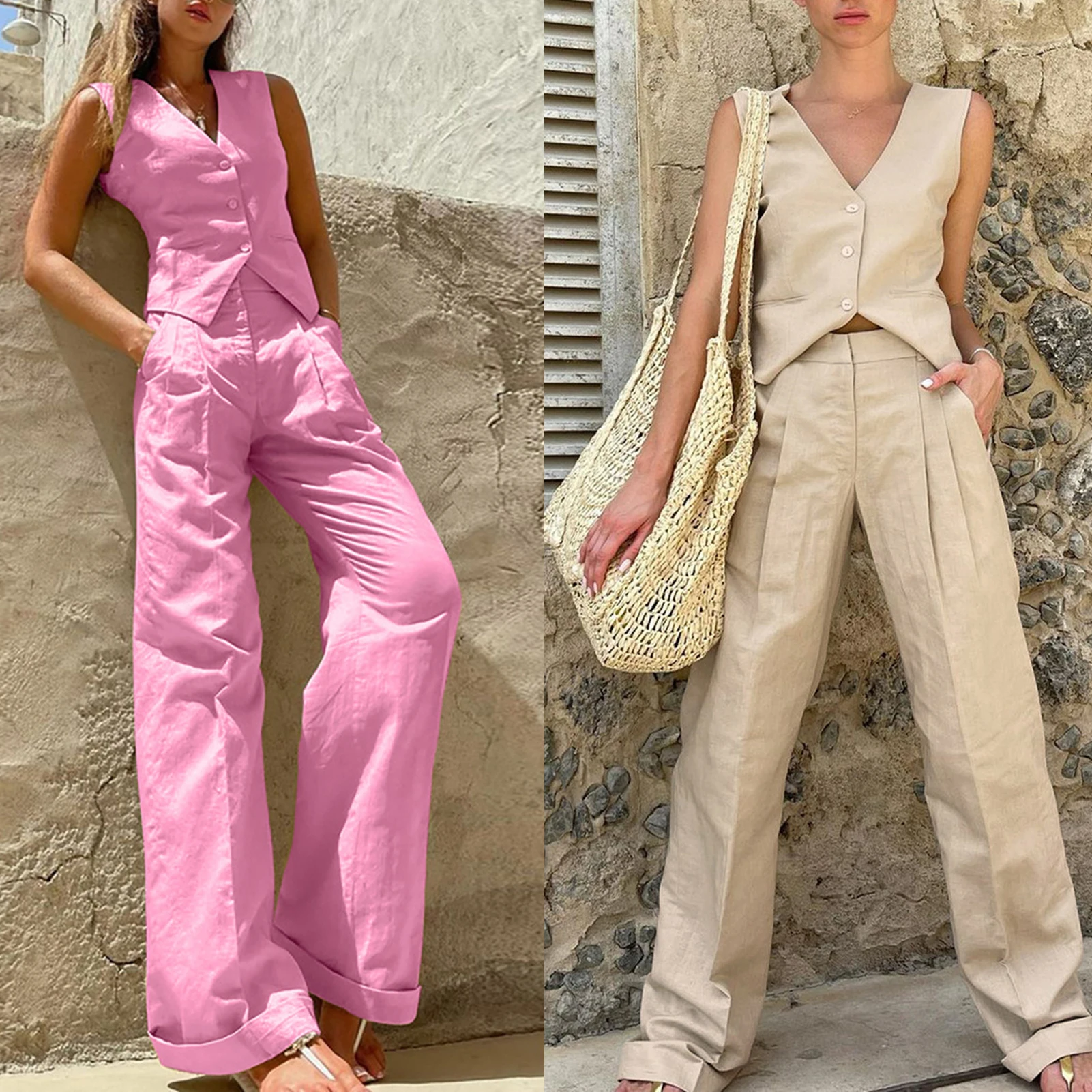 

Женский брючный костюм из двух предметов, элегантный однотонный костюм без рукавов с V-образным вырезом и длинными брюками с высокой талией, однобортный костюм с карманами