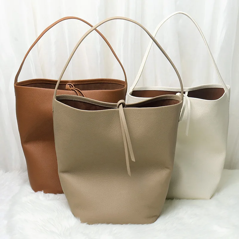 Top Layer Cowhide Bucket Bags for Women Simple Fashion Handbags 100% Genuine Leather Large Capacity Casual Shoulder Tote Bag