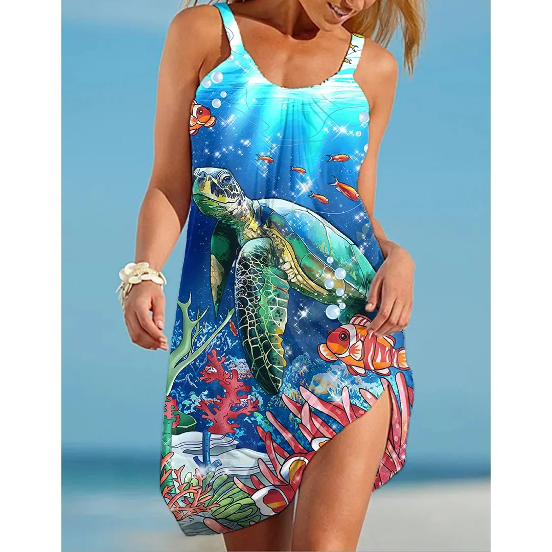 

Sea Turtle Print Midi Dress Women's Fashion Summer Strap Beach Dress Bohemian Sexy Sleeveless Party Dresses Elegant Sundress Hem