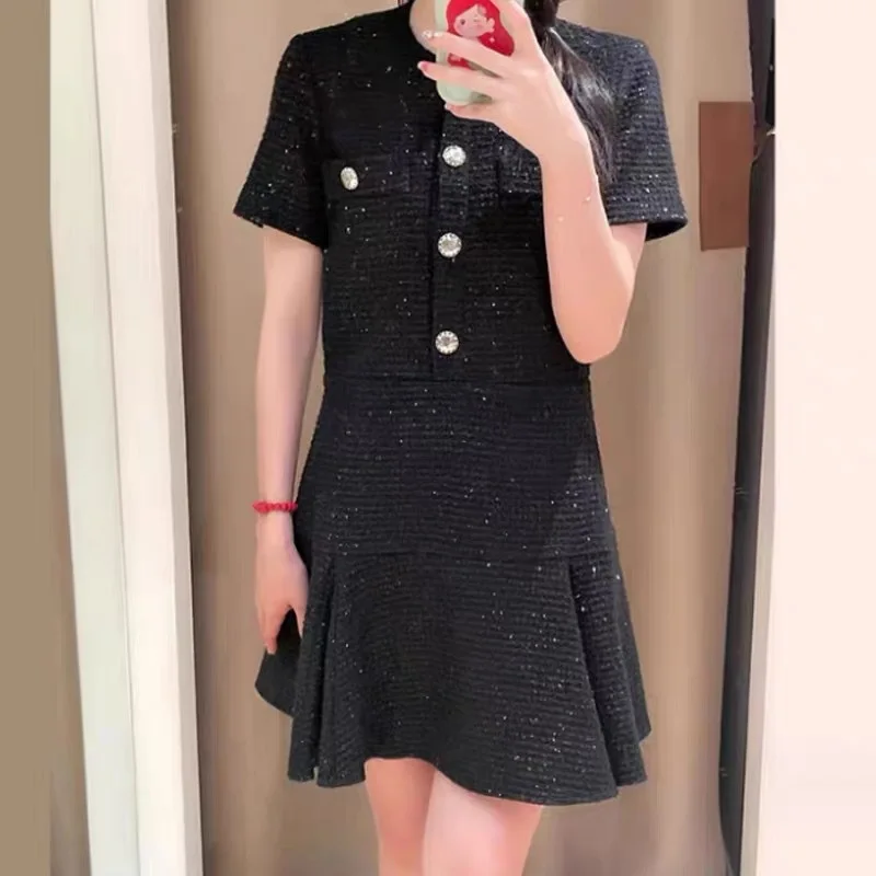 

Женское твидовое мини-платье с блестками, Повседневное платье на пуговицах с коротким рукавом, осень 2023