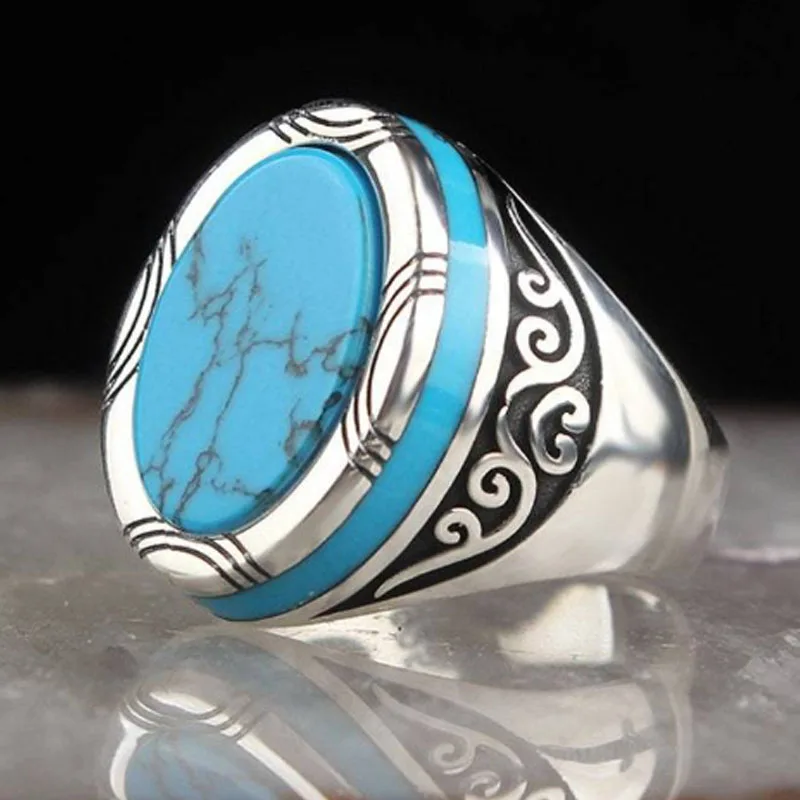 

European and American Blue Turquoise Men's Ring Personality Retro Engraving Pattern Punk Style Ring Turkey High Quality Jewelry