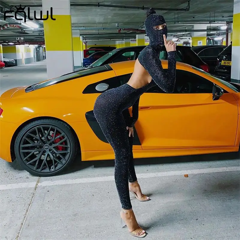 

Habbris Spring Sparkling Black Bodycon Jumpsuits Women Sexy One Piece Outfits For Women Turtleneck Long Sleeve Backless Jumpsuit