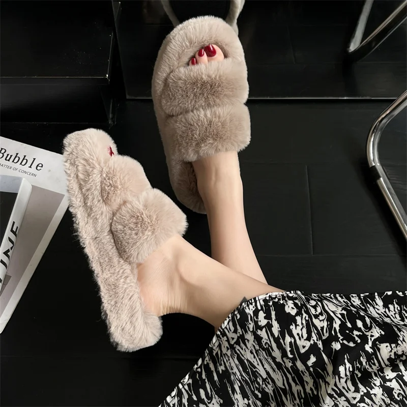 

Fashion Women Fur Slippers Cross Band Warm Plush Ladies Fluffy Shoes Cozy Open Toe Indoor Fuzzy Slides for Girls Winter House