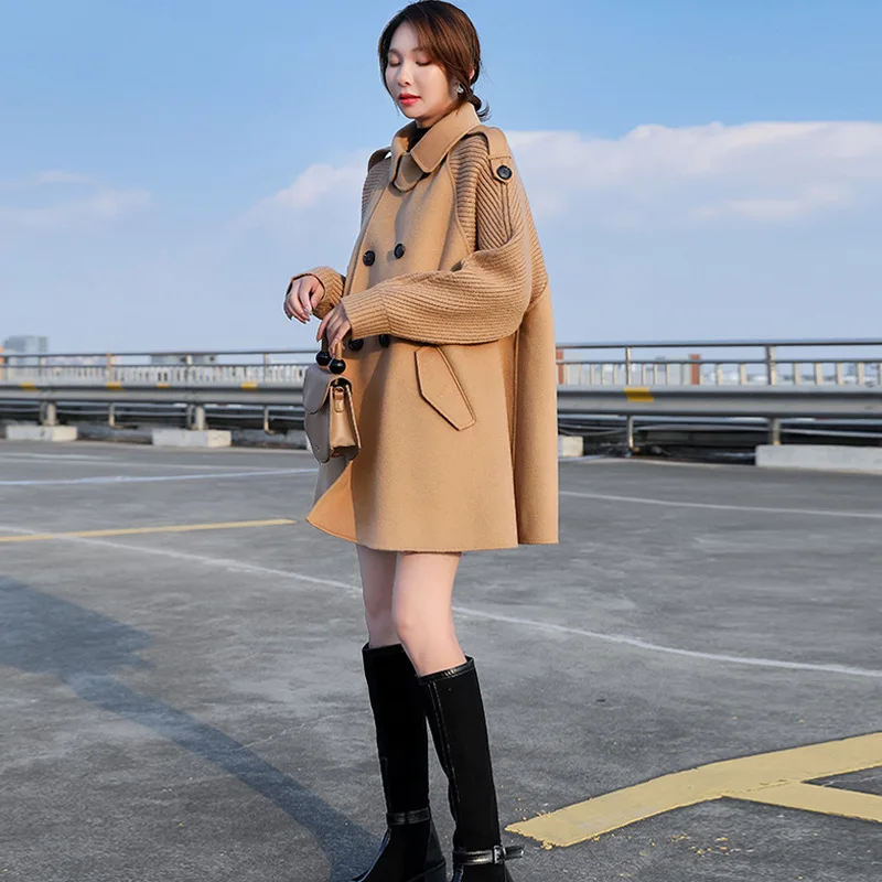 

Khaki Woolen Cashmere Coat for Woman Designer Luxury Female Clothing Autumn Winter Harajuku Kpop Korean Style