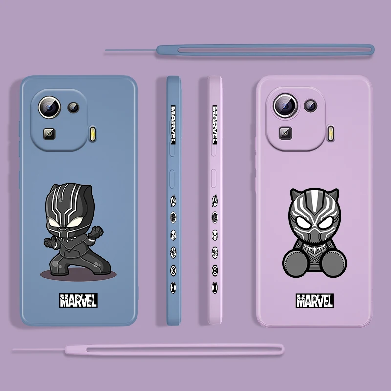

Marvel cute black panther For Xiaomi Mi 12 11 11i 10 10S 9 6 Ultra Lite Pro SE 4G 5G Silicone Liquid Left Rope Phone Case Cover