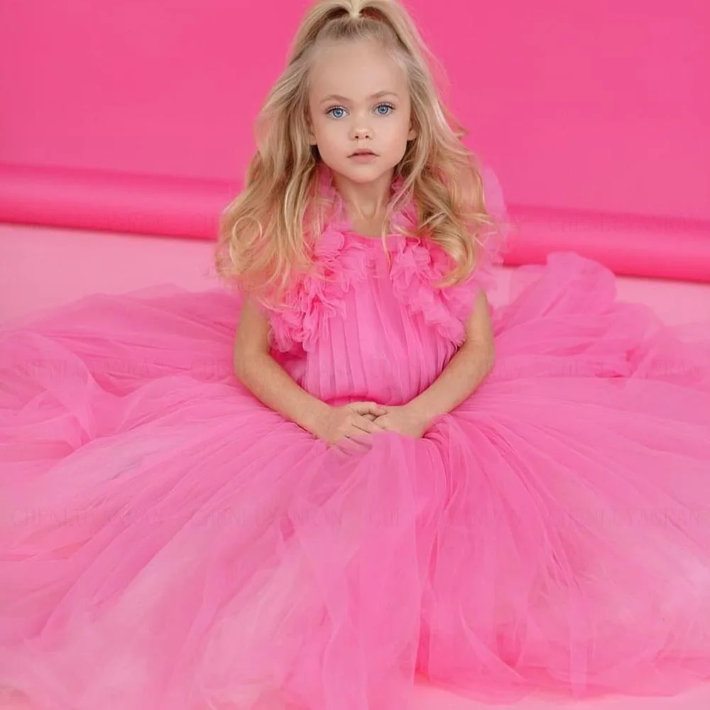 

Simple Flower Girls Dresses 2023 Pink Sleeveless Tulle Puffy Kids Wedding Party Dress Zipper Pleat A-Line Girl Princess Gowns