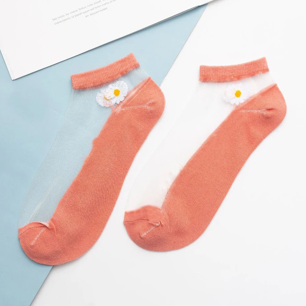 Lace Ultra-Thin Transparent Glass Silk Socks 10 Pairs Harajuku Floral Cotton Bottom Crystal Girl Fashion Daisy Flower Cute Socks