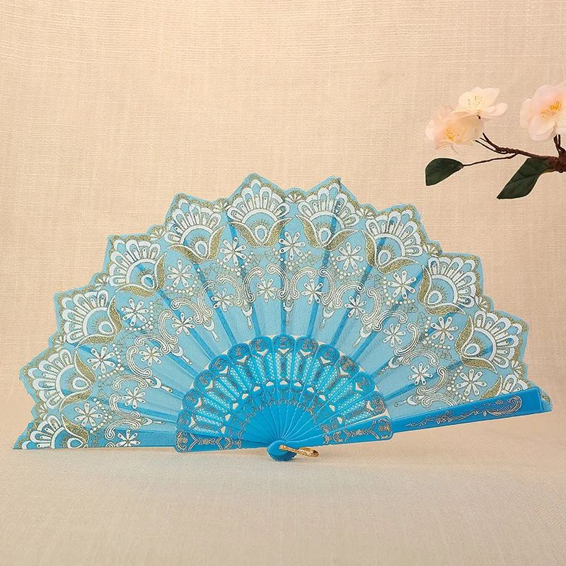 

Plastic Chinese Bronzing Wedding Folding Fan Plastic Embroidery Lace Fan for wedding gift baby shower gifts