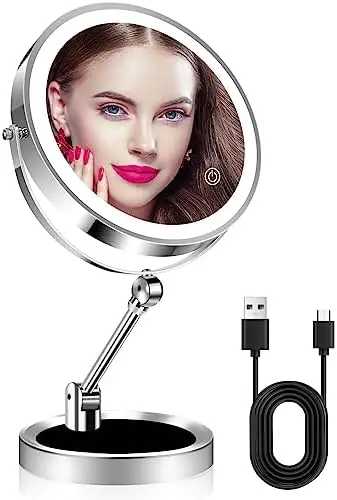 

Makeup Mirror with Magnification, Upgrade Foldable 1X/10X Magnifying Vanity Mirror with Lights, 8 Inch 3 Colors Dimmable Lightin
