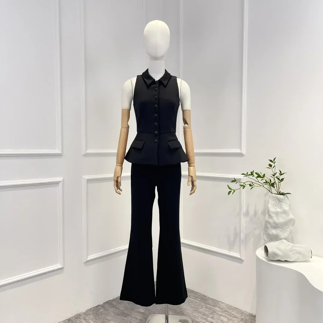 

Black Sleeveless Waist Vest and Flare Pants Set Solid Intellectual 2023 New High Quality Casual Women Clothing