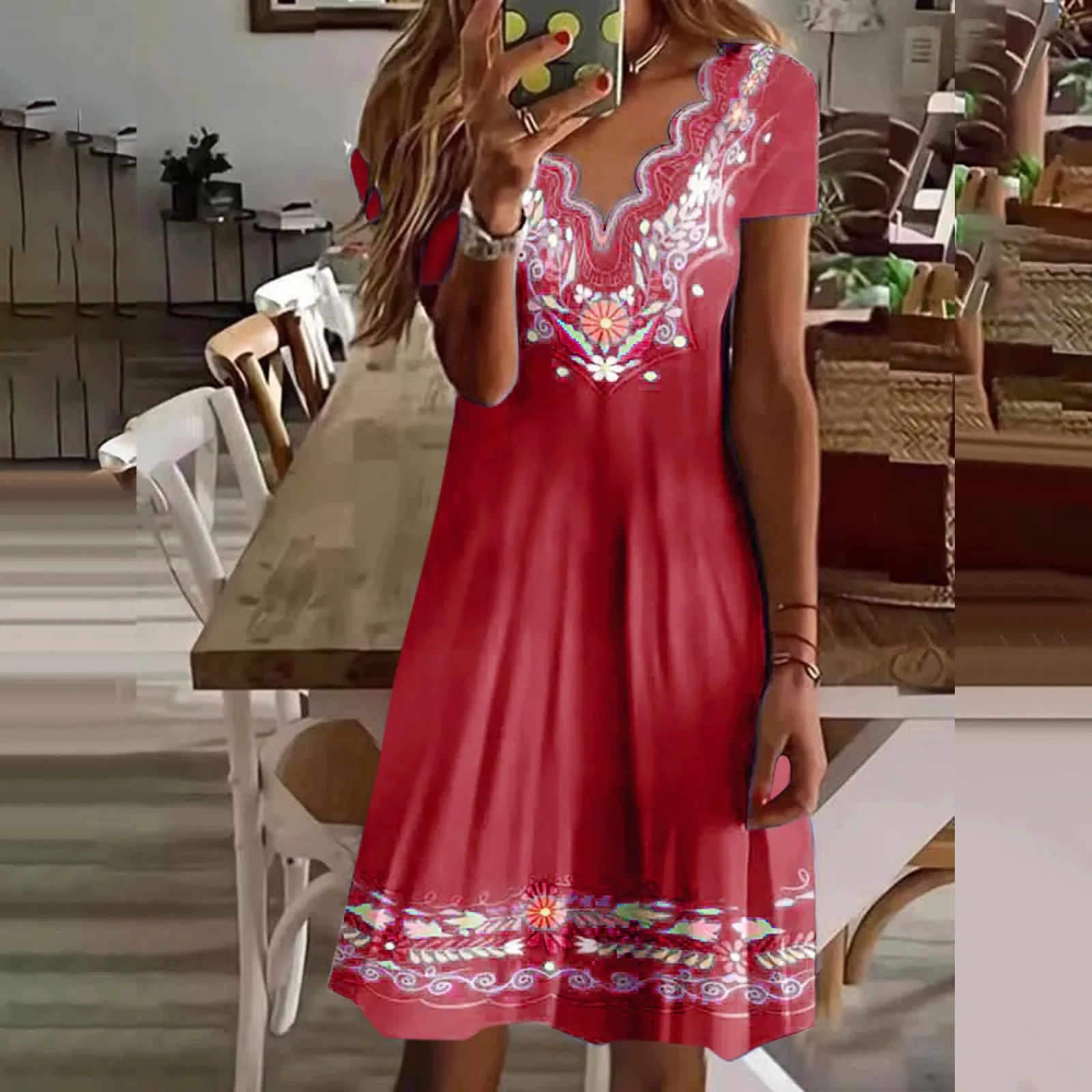 

Women Casual Boho Print Dress Wave V Neck Short Sleeve Dress Loose Dress Formal Dress Women Long