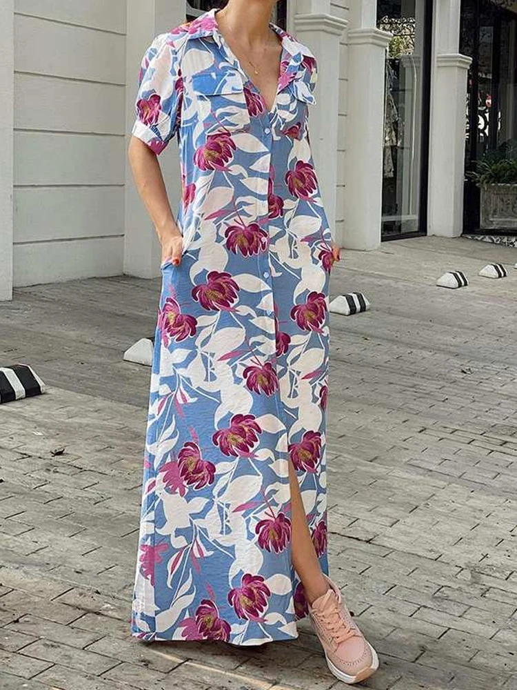 

Женское однобортное платье-рубашка, повседневное свободное офисное платье с коротким рукавом, отложным воротником и цветочным принтом, лет...