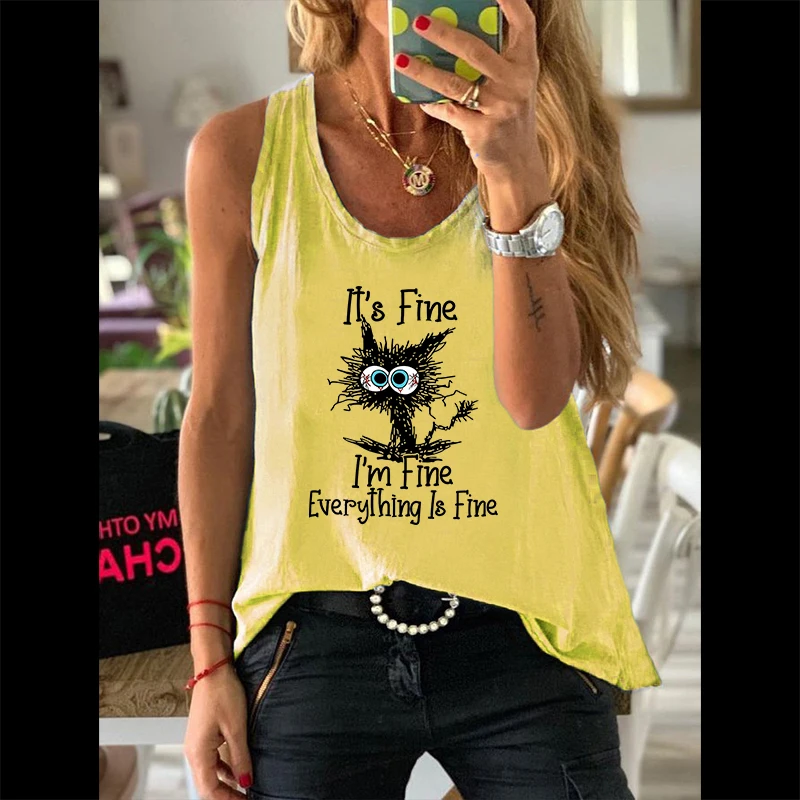 Summer Casual Fashion Women Graphic Sleeveless Vests Black Cat Letter Print Female Vintage Streetwear Waistcoat Ladies Tank Tops |