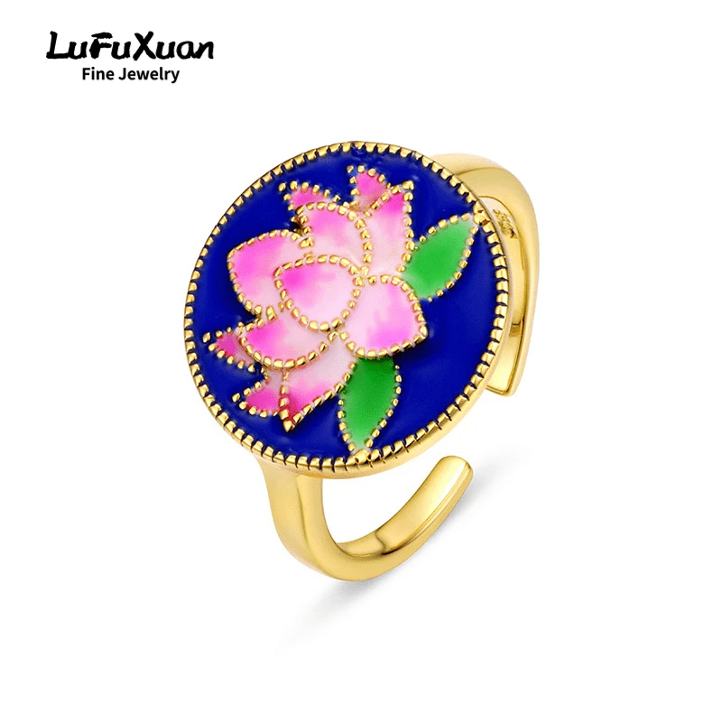 

LuFuXuan Sterling Silver S925 Low Temperature Enamel Lotus Flower Personalized Open Ring Birthday and Holiday Gift