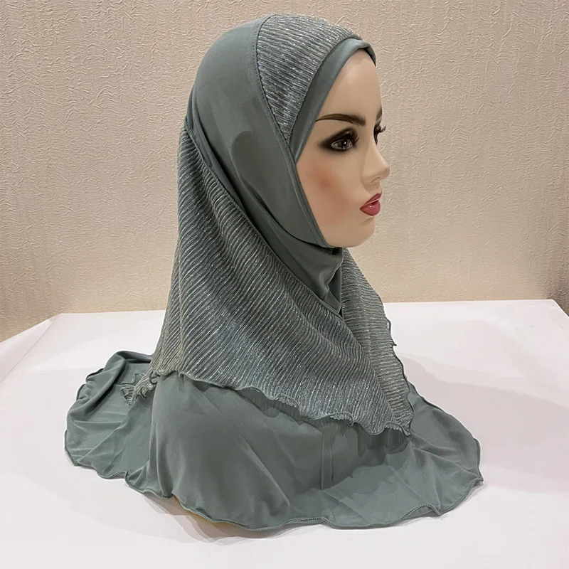 

65x60cm Girl Stylish Muslim Hijab Lace Panel Ruffle Headscarf Medium Size Headwrap Elegant One Piece 8-15Y Outdoors Accessories