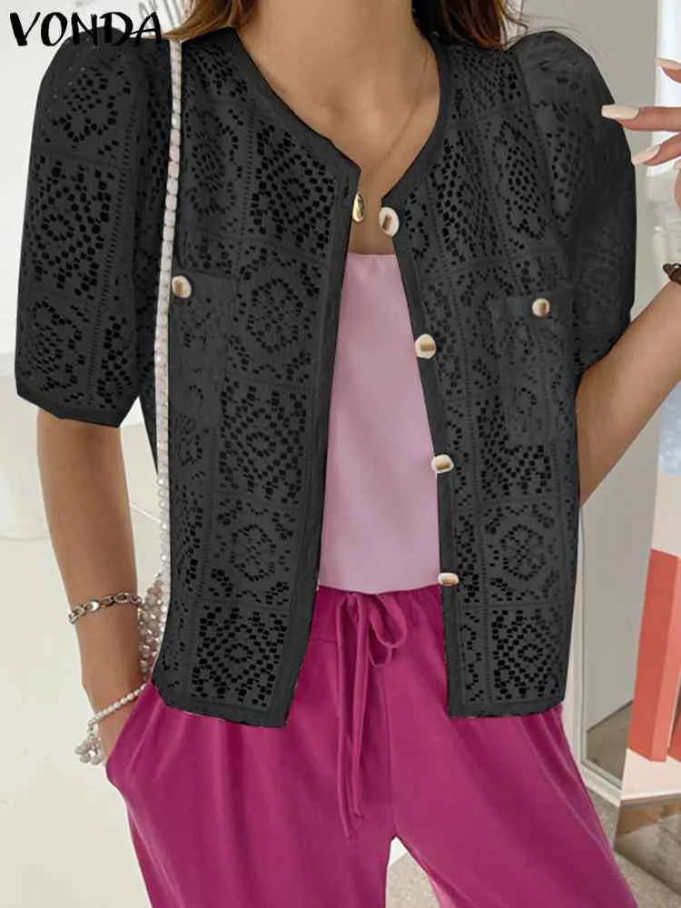 

VONDA летние белые кружевные рубашки 2023 женские элегантные кардиганы с коротким рукавом топы на пуговицах модные повседневные свободные однотонные Блузы