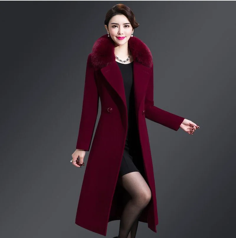 

Autumn Winter Women's Wool Blends Coats With Fox Fur Collar Single Breasted Long Trench Casual Ladies Slim Trench with Belt