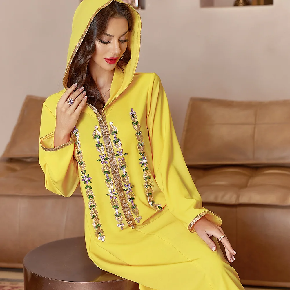 

New Bright Yellow Hooded Dress Spring Travel Middle East Spot Long Dress Robe Abaya Summer Loose Muslim Diamonds Ramadan