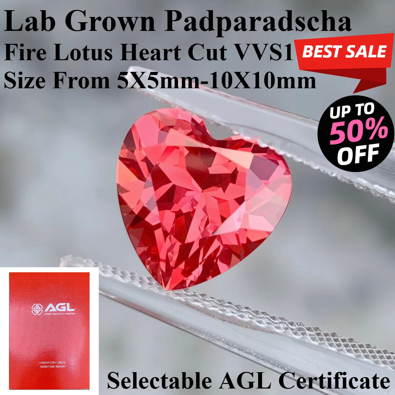 Фото Лабораторно выращенный сапфир Padparadscha цвета Fire Lotus, огранка в форме сердца, качество VVS, свободный камень для изготовления обручальных колец и ювелирных изделий. №1