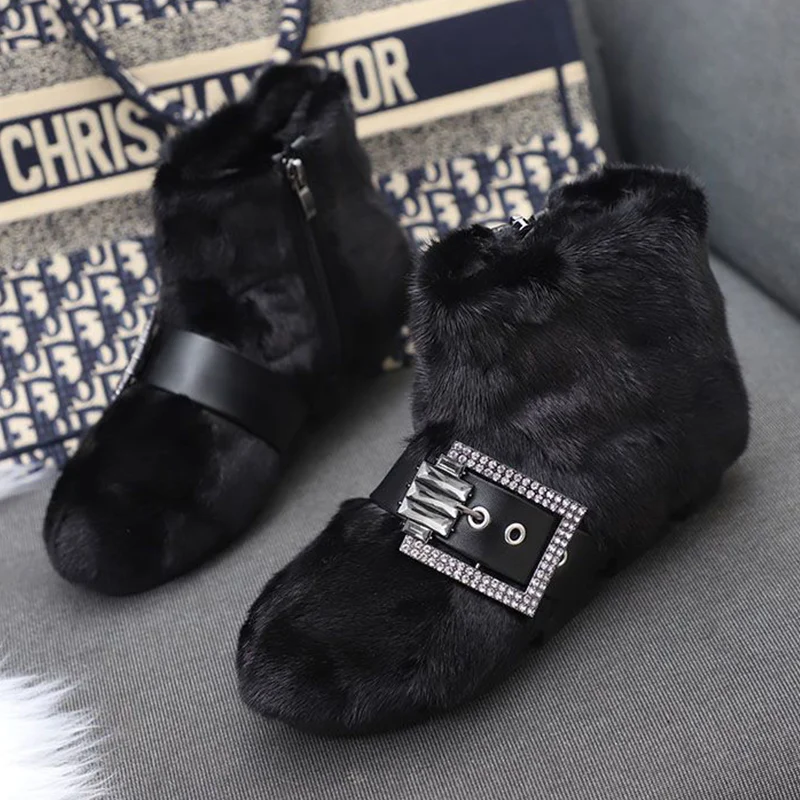 Женские зимние ботильоны на меху плоской подошве модные короткие плюшевые