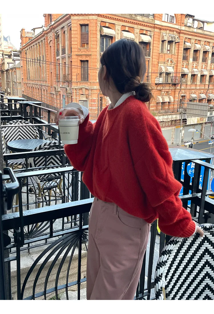 

Осенне-зимний женский Повседневный однотонный свободный свитер с круглым вырезом и длинным рукавом