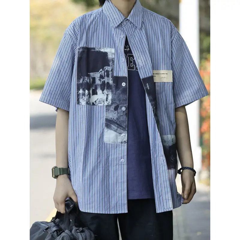 

Summer Stripes Profile Fresh Casual Loose All-Match Large Size Short Sleeve Shirt