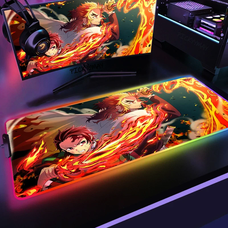 Demon Slayer RGB Mouse Pad Large Anime Mousepad Mause Computer Gamer Keyboard Desk Backlit Mat LED Kimetsu No Yaiba Mausepad 