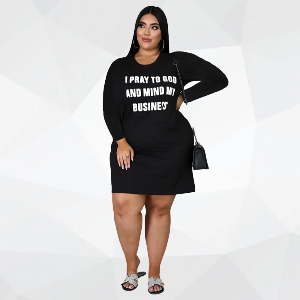 

New Plus Size Dresses for Women 4xl Letter Print Casual Loose Long Sleeve Elegant Leisure Fall Clothing Streetwear Dropshipping