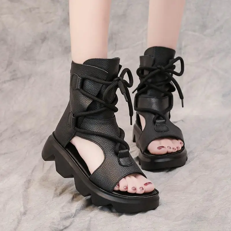 

Женские босоножки из натуральной кожи, сандалии на толстой платформе, дышащие удобные, обувь в римском стиле, лето