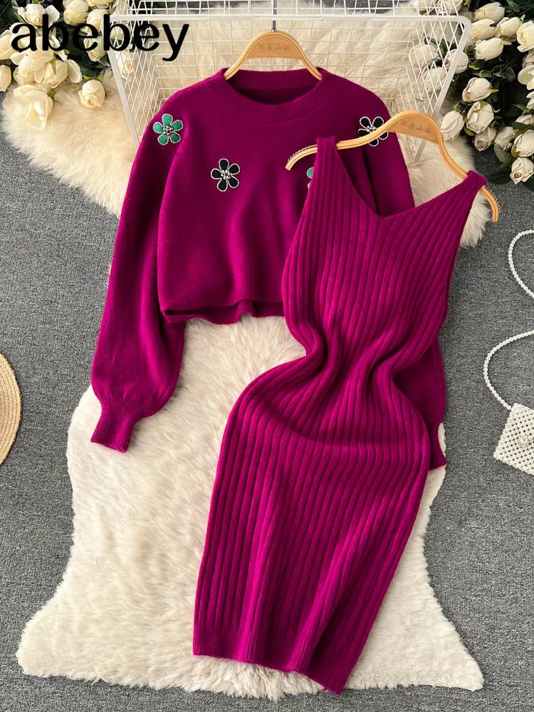 Autumn Casual Knitted Sets Women Short Flower Sweater +Slim V Neck Midi Knit Dress Winter Sweater Two Pieces Suits enlarge