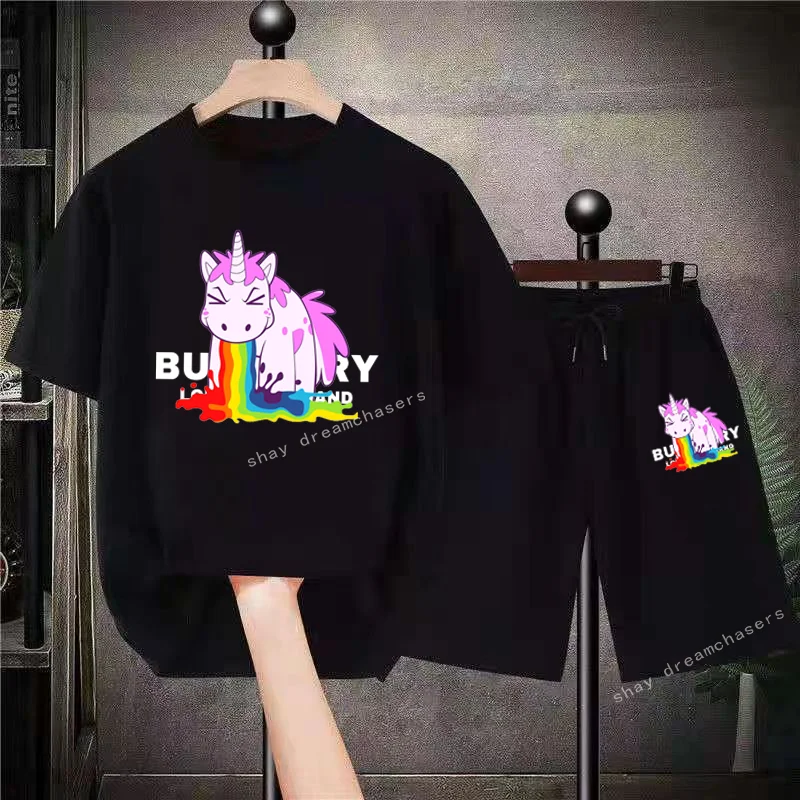 New Unicorn Cartoon Graphic T-shirt Shorts Suit Men Women Summer Oversized Sportswear Fashion Street Wear Cute Casual Sportswear