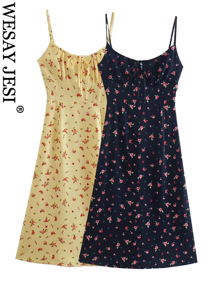 

WESAY JESI Summer Elegant Floral Women Dress Pleated Hollow Suspenders Slim Sexy Backless Elastic Fashion Party Club Beachwear