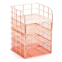 stationery metal file shelf desk organizer with drawers and metal mesh shelving for office school and home rose gold