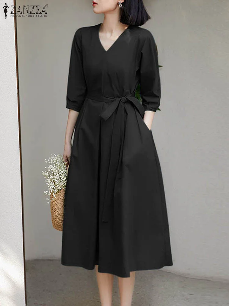 

Платье ZANZEA женское с полурукавами, Модный элегантный повседневный Однотонный сарафан в офисном стиле, с V-образным вырезом, ТРАПЕЦИЕВИДНОЕ, на шнуровке, летнее