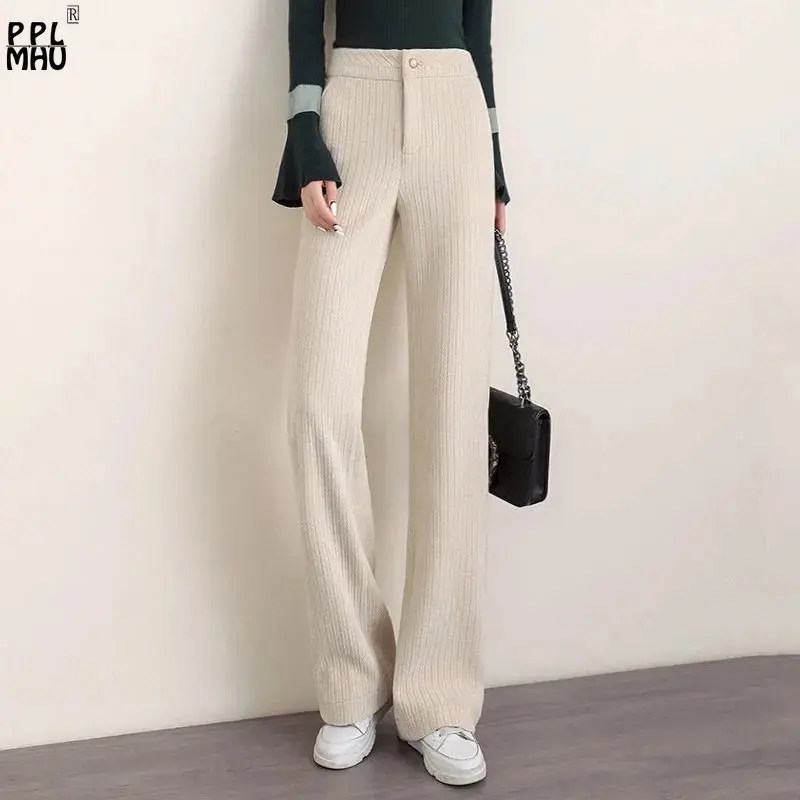 Classic Beige Pearl Button Zipper Pant Spring Autumn Casual Corduroy Trousers Women Elegant Office Lady High Waist Wide Leg Pant