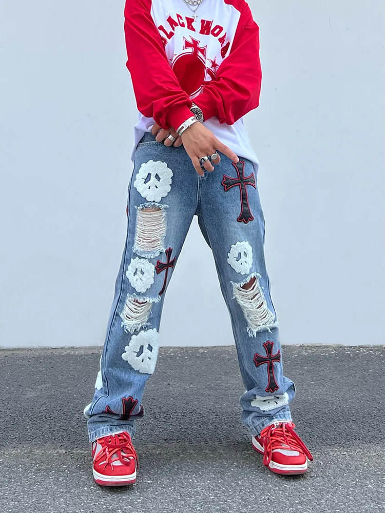 European and American Style Street Embroidery Cross Patch Ripped Men's Jeans High Street Retro Trend Straight Loose Trousers