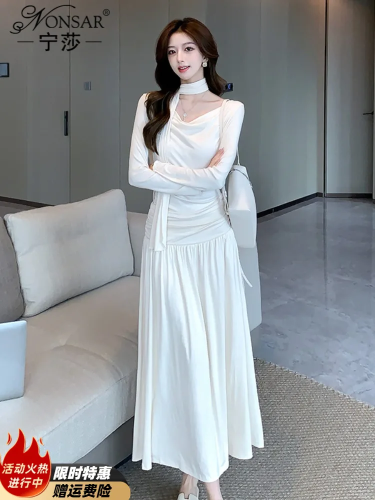 Fancy Swing Collar Dress Early Autumn Winter 2025 New Arrival Ladies Long Sleeves French Sle Temperament Socialite White Sp... |