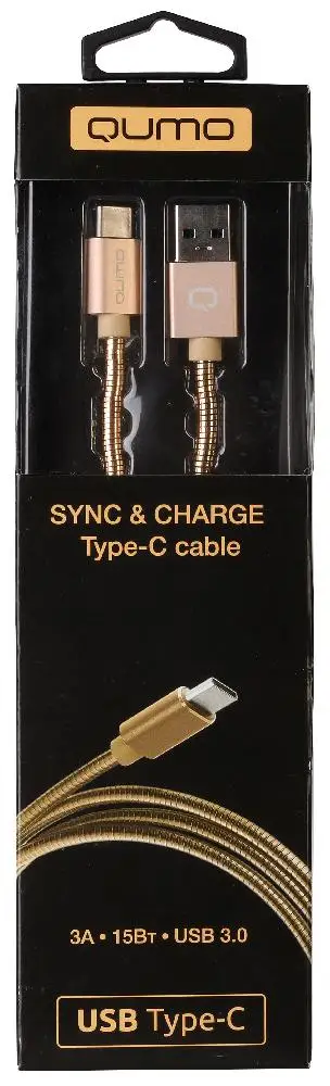 Кабель Qumo USB 3.0-Type C 1м 5/9/12В 3A 18Вт опл. металл. пружинка кон. металл золотой - купить