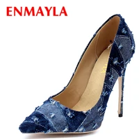 enmayla denim shoes woman high heels pointed toe summer pumps party wedding shoe slip on plus size 34 43 womens pumps