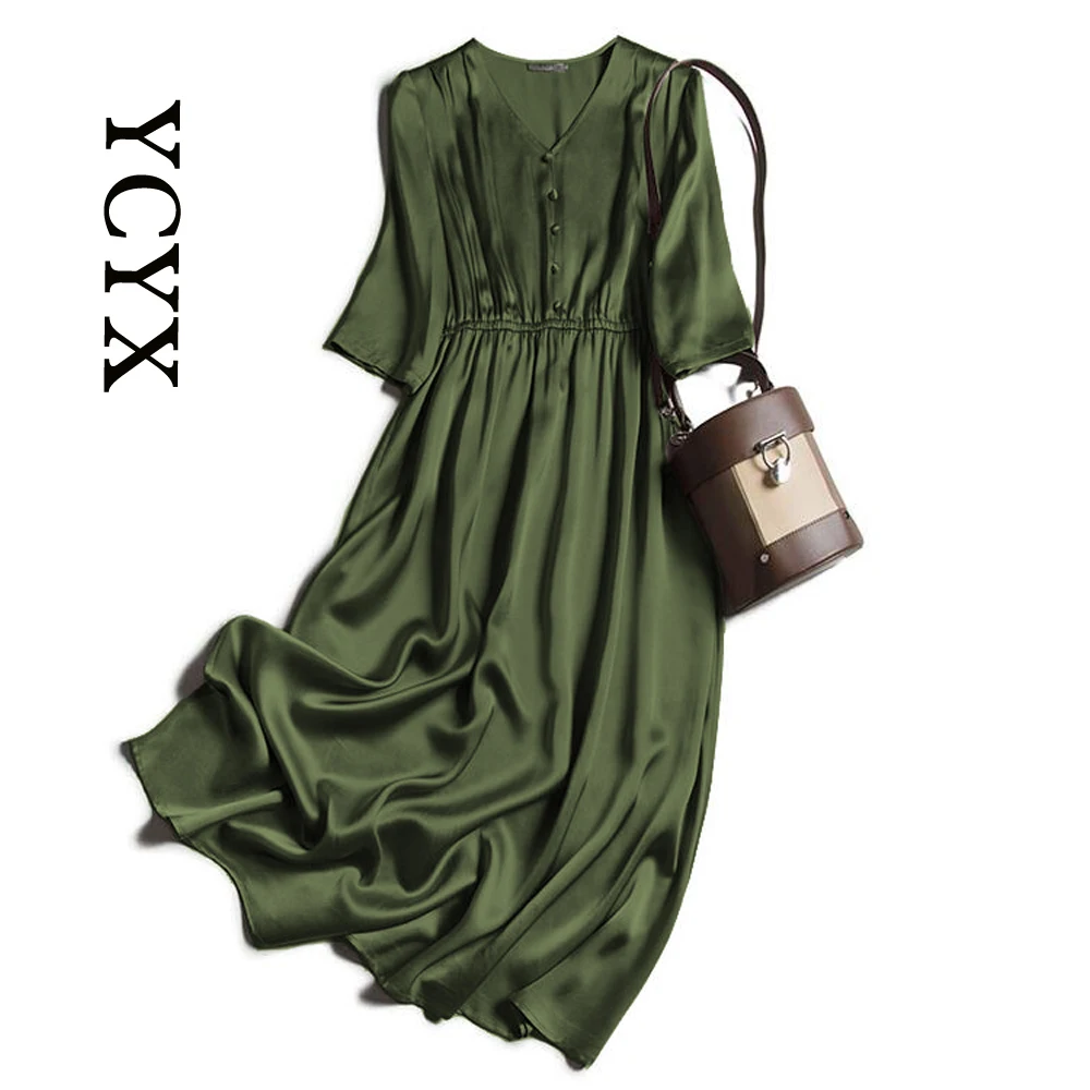 

YCYX women long dress Spring New Arrivals Grey Dress Elegant Dress Dinner Party Dress Mid-calf satin summer dress YCYX015