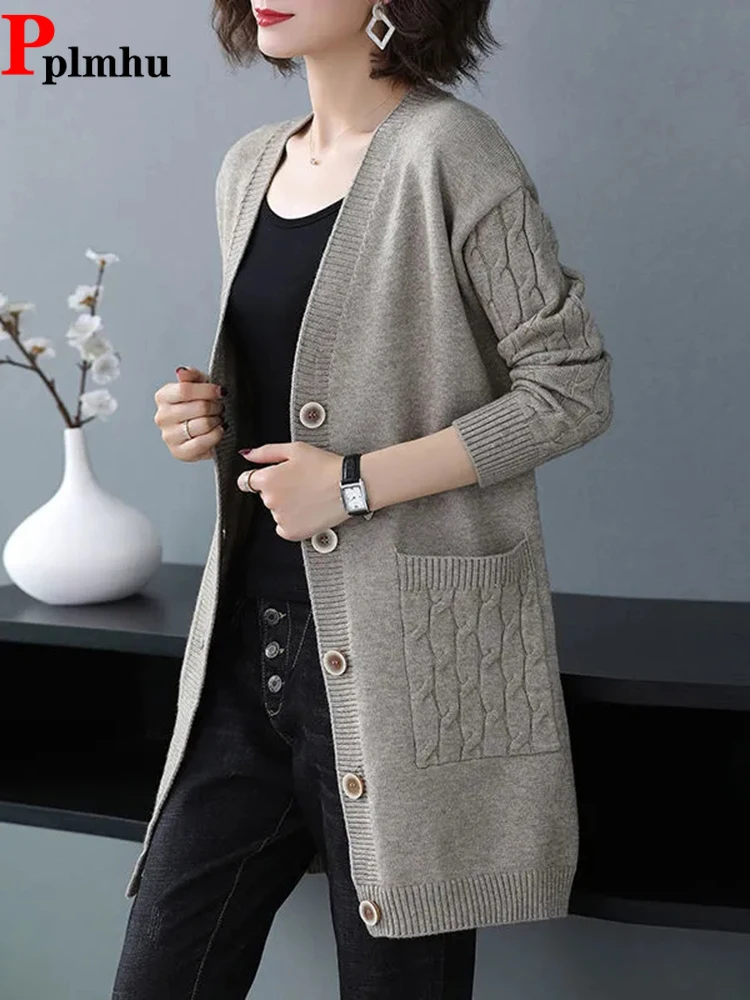 

Elegant Sweater Coats Spring Fall V-neck Knitted Cardigan Women's mid-length Oversize 4xl Casual Basic Slim Knitewear Outwear