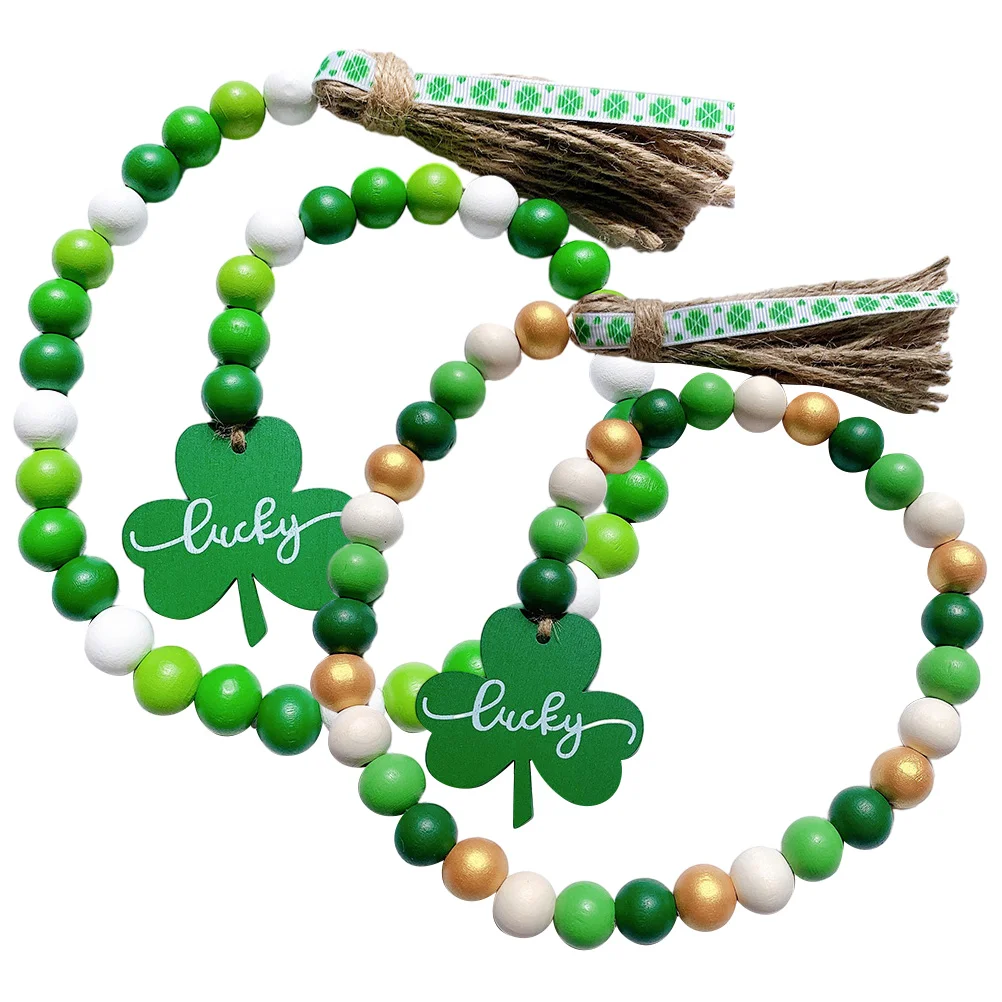 

Bead Garland St Patricks Day Wooden Beads Hanging Tassel Farmhouse with Tiered Tray Decorations Patrick's Birthday for Girl