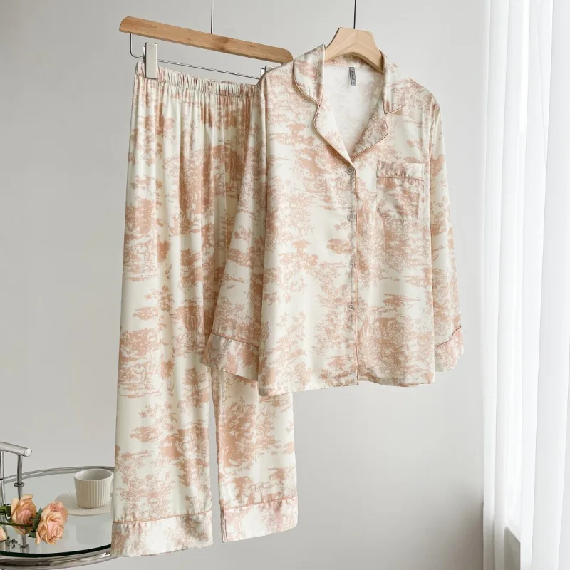 

Silk Pajamas For Women Summer Long-sleeve Sleepwear Pyjamas Button Pigiama Donna Pjs Mujer Pijama Sleepwear Nightwear