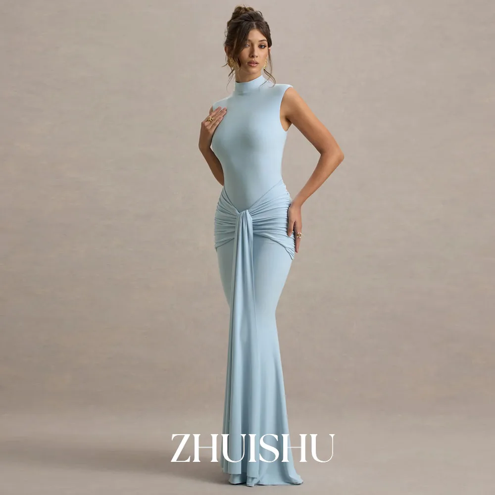 Фото ZHUISHU стильное платье русалки для дня рождения, платье-футляр/колонна из спандекса на день Святого Валентина, розовое, синее, плиссированное, драпированное, 2024, вечернее платье №1