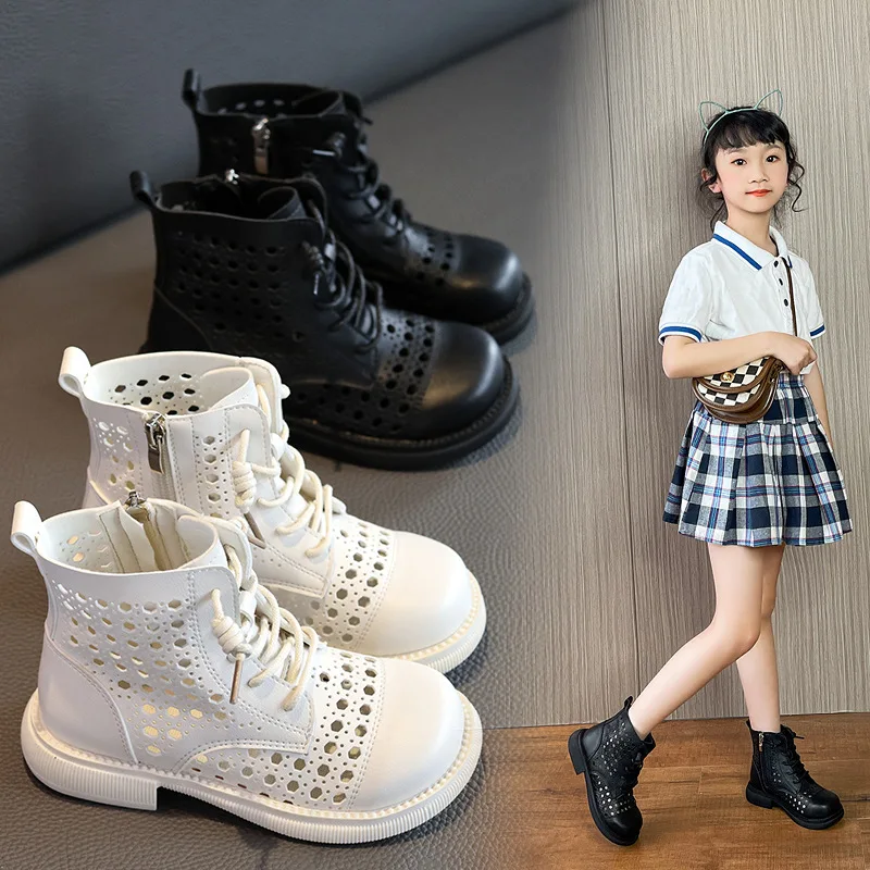 

Girls Hollow Versatile Beige Side Zip Summer Breathable Kids Fashion Boots 2022 New Korean Style Chic PU Children's Ankle Boots