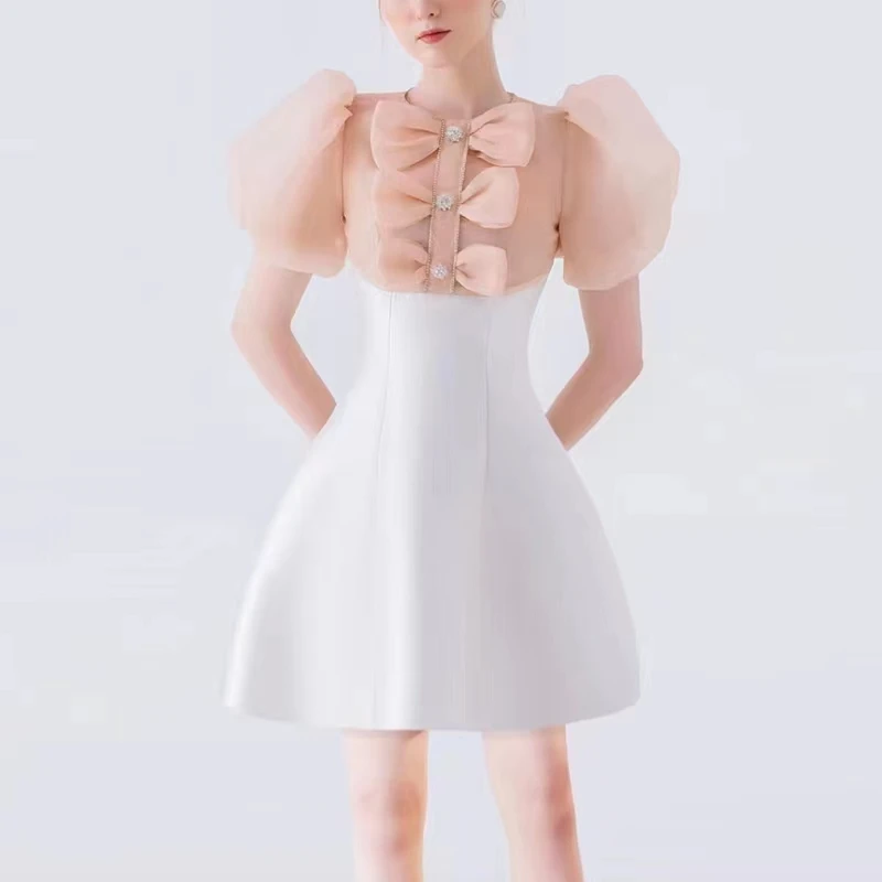 

WITNAYUW Runway Designer Chic Fashion Summer Women 2022 Bow O Neck Puff Sleeve A Line Party Organza Dress