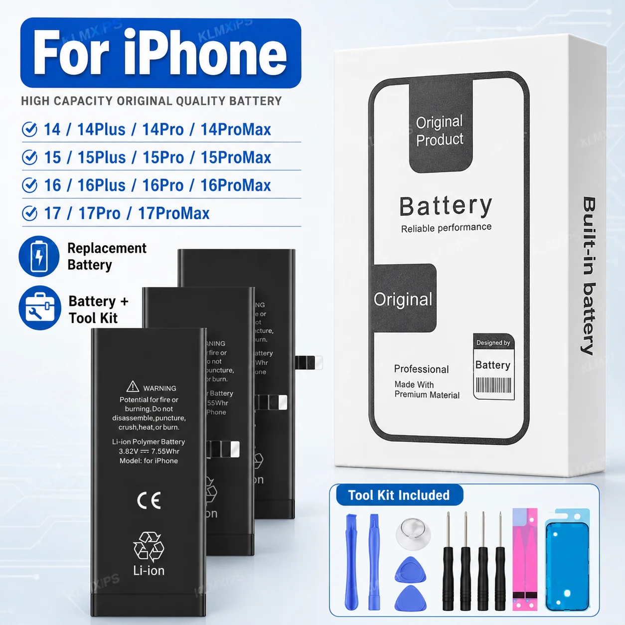 Фото Аккумулятор с 0 циклами зарядки для iPhone 14/15/16/17 Series Pro Max Mini, сменный элемент повышенной емкости с бесплатным набором инструментов для самостоятельного ремонта №1