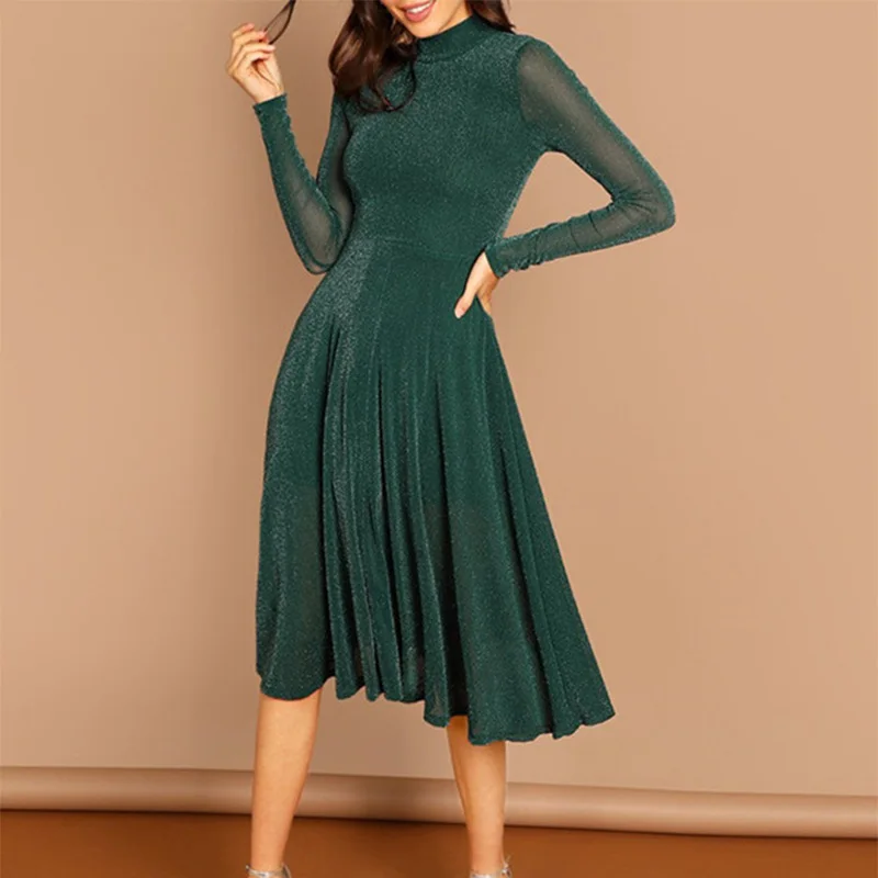 

Bella Philosophy 2019 Winter Solid Draped A-Line Shirt Dress Glitter Button Fit And Flare Evening Party Dress Sexy Dress