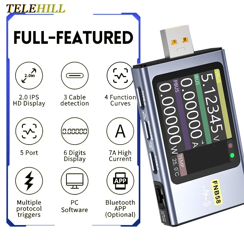 

FNIRSI-FNB58 USB Tester Voltmeter Ammeter TYPE-C Fast Charge Protocol Detection Trigger Capacity Measure Ripple Measure Tool