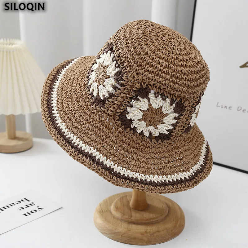 

Fashion New Foldable Women Straw Hats Wide Brim Sun Hat Beach Basin Cap Flower Dome Panama Lady Bucket Hat Chapeu